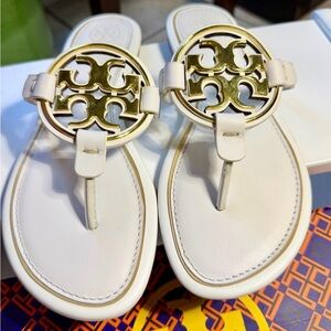 Tory Burch Metal Miller Sandals Light Cream and Gold Women's Size 7